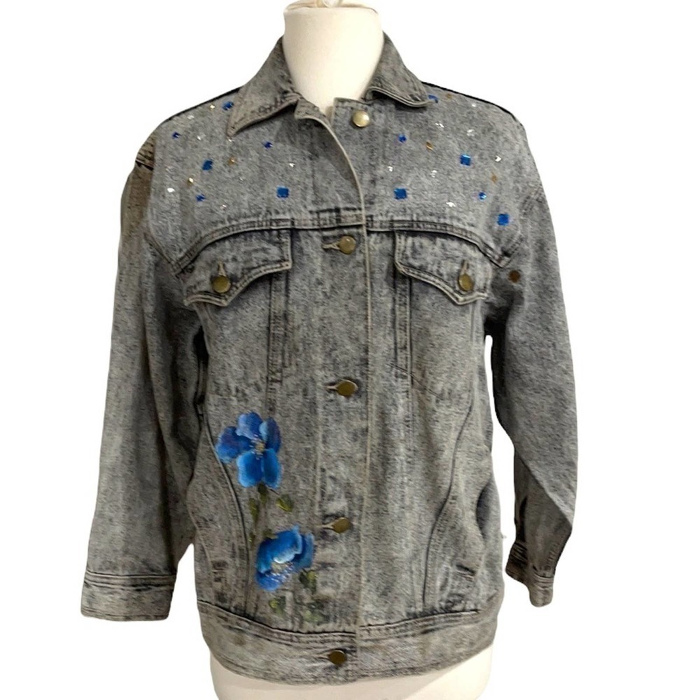Vintage 80’s Acid Wash Bedazzled & Painted Black Jean Jacket SZ M Oversized